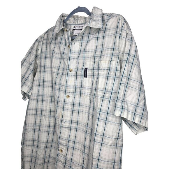 Columbia Mens XL White Blue Cotton Short Sleeve Button Fishing Hiking Shirt - Picture 9 of 16
